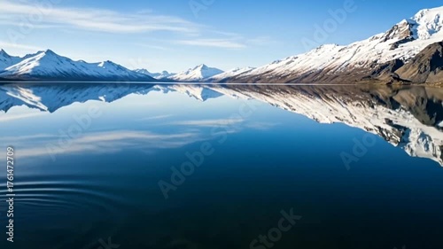 Stunning mountain reflections in a serene lake under a clear blue sky, travel scene