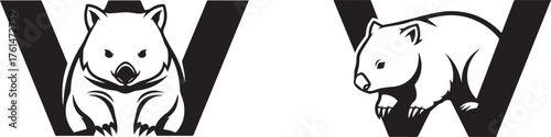 Graphic Wombat Animal Blended with Letter W Initial Symbol