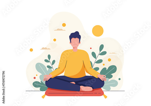 Man meditating in lotus position on a mat with plants and sun in background