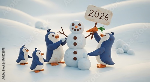 Penguins building a snowman for the year 2026 cute clay illustration celebrating the new year in a winter wonderland
