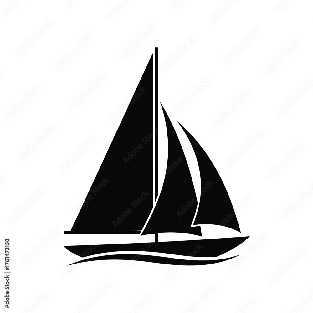 Fototapeta premium Vector illustration of black silhouette of a sailboat on wavy water