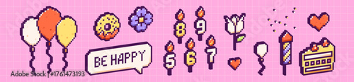 3d pixel Happy birthday elements on pink background. Colored balloons, donut, flowers, festive candles with numbers, a heart, a party popper, and a piece of cake.