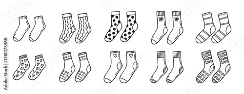 Cute socks doodle hand drawn icon set. Outline drawing cute socks line clipart symbol collection