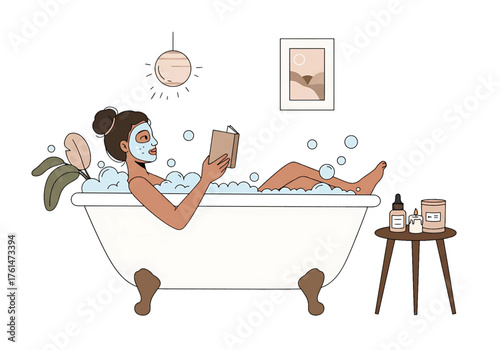 Woman relaxing in a bubble bath with a face mask and reading a book next to skincare products on a stool.