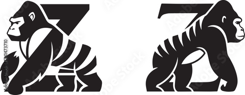 Stylized Gorilla Letter Z Negative Space Black White Mascot