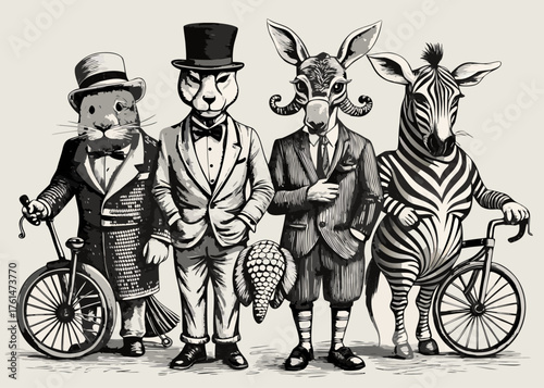 Anthropomorphic animals dressed in suits stand together in a vintage illustration