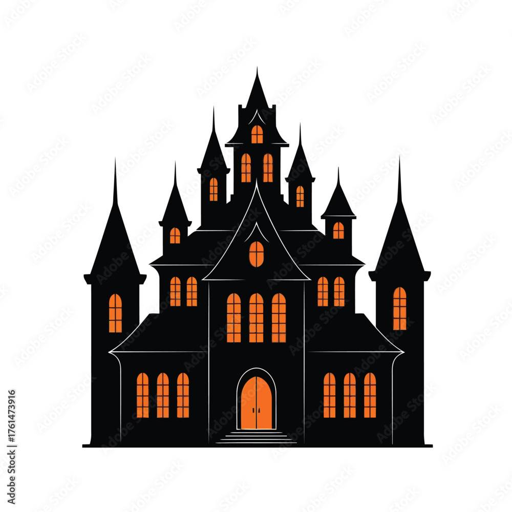 Fototapeta premium Vector illustration of spooky black haunted house with orange windows