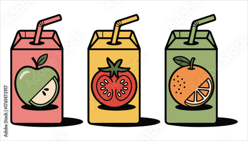 Three juice boxes with fruit and vegetable illustrations and straws apple tomato