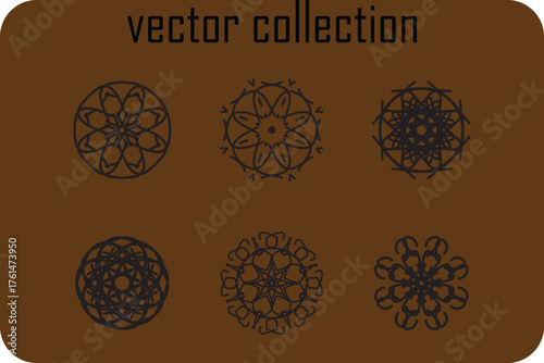 A vector collection of six intricate black circular mandala designs arranged in two rows on a rich brown background showcasing geometric patterns and symmetry