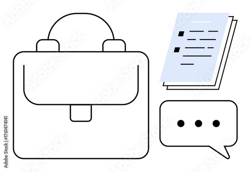 Briefcase, documents, and speech bubble visually convey business tasks, organization, and communication. Ideal for teamwork, professionalism, productivity, workflow collaboration office routine