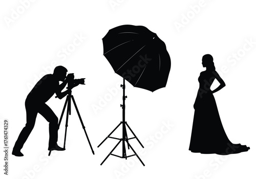 Vector illustration of photographer taking picture of model with studio light