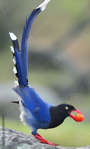Vibrant Blue Magpie with Red Beak and Fruit 