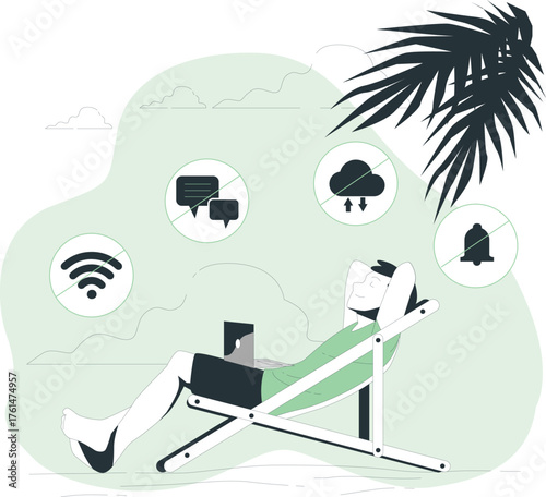 Man relaxing on beach chair with laptop disconnected from digital distractions vacation relaxation