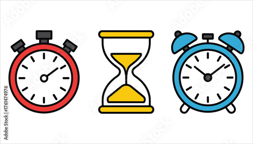 Red stopwatch hourglass and blue alarm clock icons on white background timer sand clock