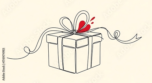 Gift box with ribbon and heart hand-drawn line art illustration for holiday birthday or special occasion