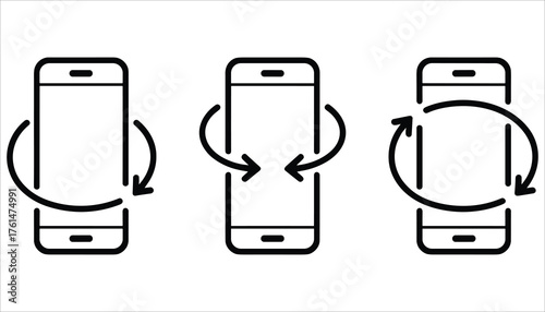 Three black line icons of smartphones showing rotation and orientation changes symbol