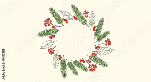 Festive wreath with pine branches leaves and red berries hand-drawn illustration for holiday cards and seasonal designs