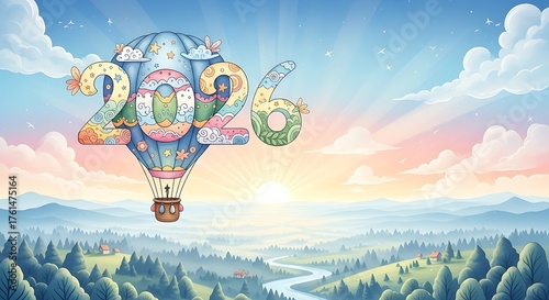 Pastel 2026 hot air balloon illustration a whimsical design for new year celebrations set against a serene landscape background
