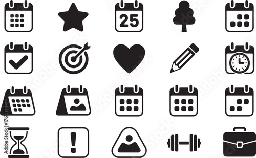 Calendar flat icons. Vector illustration include icon - hourglass, deadline, timetable, deadline, agenda, sandglass glyph silhouette pictogram for syllabus schedule