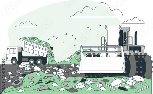 Garbage truck dumping waste at landfill with bulldozer compacting trash and birds flying Keywords: landfill, garbage, trash, waste, dump, truck, bulldozer, heavy machinery, industrial, environment