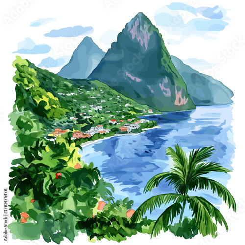 Castries and the Pitons. Castries and the Pitons hand drawn watercolor illustration