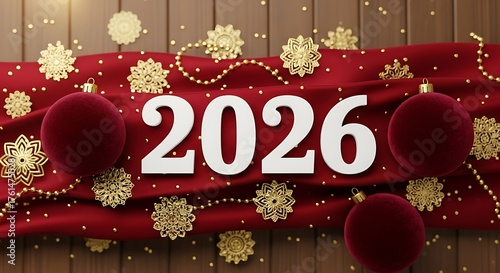 Festive 2026 New Year design with red ornaments gold snowflakes and beads on a red fabric creating a celebratory atmosphere