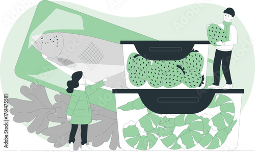 People preparing and storing fresh food items like salmon strawberries and shrimp Keywords: food preparation, food storage, healthy eating, fresh ingredients, salmon, strawberries, shrimp, cooking
