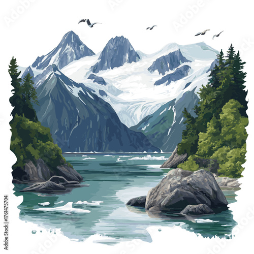 Kenai Fjords National Park. Kenai Fjords National Park hand drawn watercolor illustration