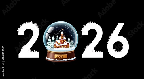 Snow globe with a cozy winter scene and the year 2026 festive illustration for New Years greetings and holiday designs