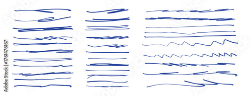 Hand drawn blue pen underline strokes. freehand pen stroke sketch brush scribbles, ink marker squiggle lines.