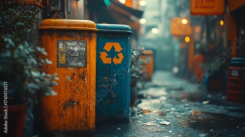 Alleyway Trash Cans with Recycling Symbol.