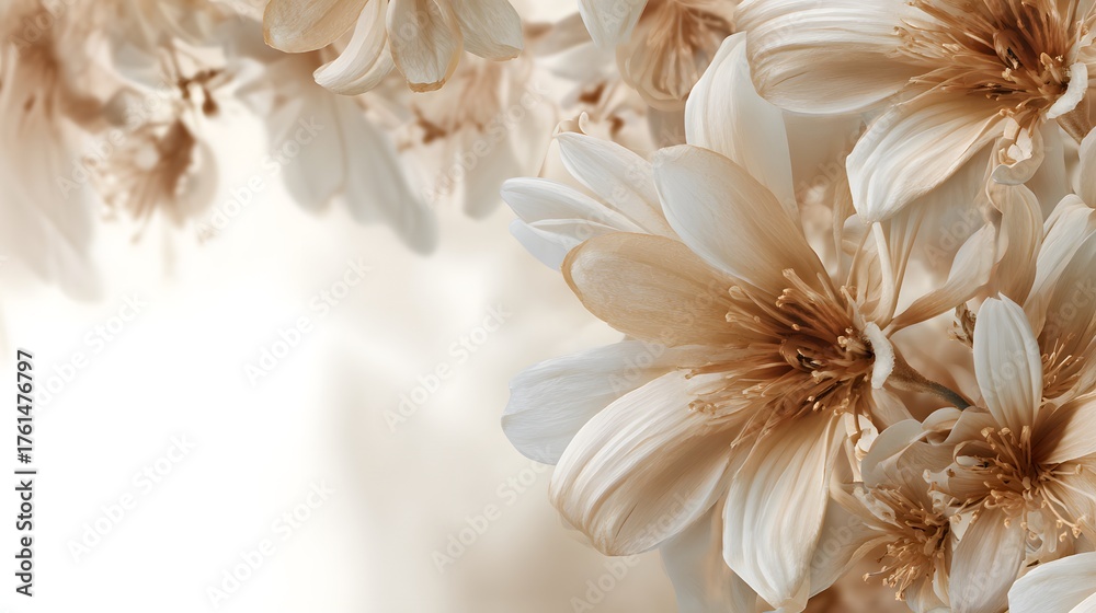 Obraz premium Delicate creamy and golden flower blossoms arranged elegantly on a light background.