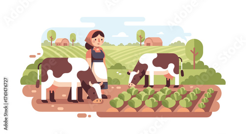 Set of horizontal banners with farmers picking crops, taking care of cows, making hay. People at farm vector flat illustration. Scenes with agricultural workers on farmland isolated. Harvest season
