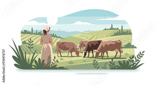 Set of horizontal banners with farmers picking crops, taking care of cows, making hay. People at farm vector flat illustration. Scenes with agricultural workers on farmland isolated. Harvest season