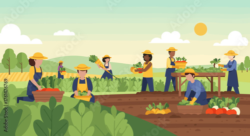 Set of horizontal banners with farmers picking crops, taking care of cows, making hay. People at farm vector flat illustration. Scenes with agricultural workers on farmland isolated. Harvest season