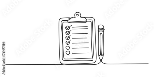 One continuous line drawing illustration of a clipboard and pencil for conceptual art and design vector