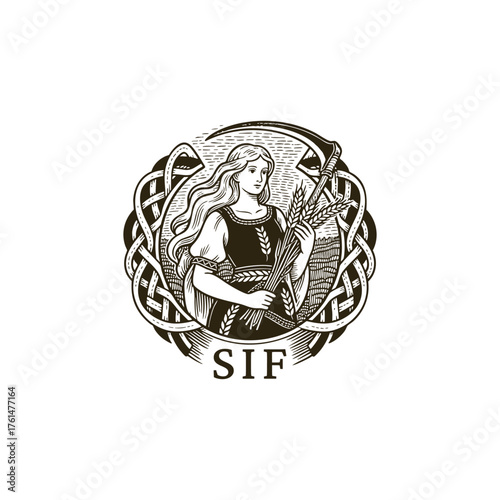 Vintage engraving style illustration of the Norse goddess Sif, associated with the earth and harvest, holding a bundle of wheat and a sickle