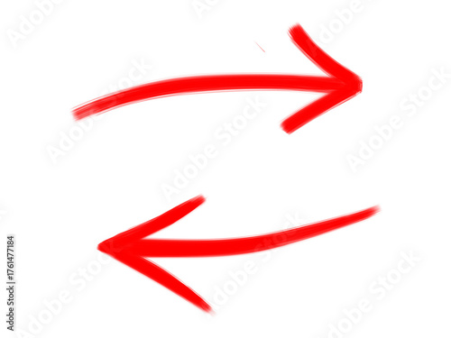 Red brush arrows pointing left and right, hand drawn paint stroke arrows on transparent background, red direction signs for design and highlight