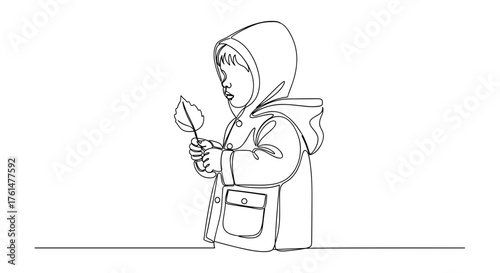 Toddler in raincoat holding leaf in minimalist line art – symbol of curiosity and seasonal wonder