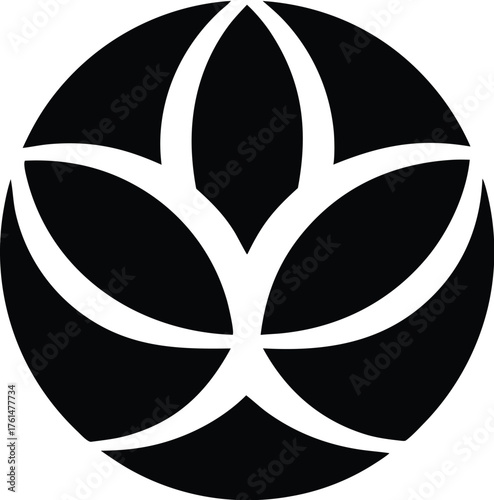 Geometric lotus logo, simple overlapping lines, circular symmetry, balanced minimal vector design, isolated on white background, peaceful and modern