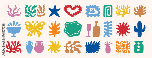 abstract matisse organic shapes set. leaf, plants, cactus, vase collage style. Contemporary aesthetic colorful element collection