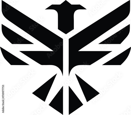 Geometric animal logo eagle, made of polygon shapes, minimal vector lines, symmetry, isolated on white background, bold and modern design