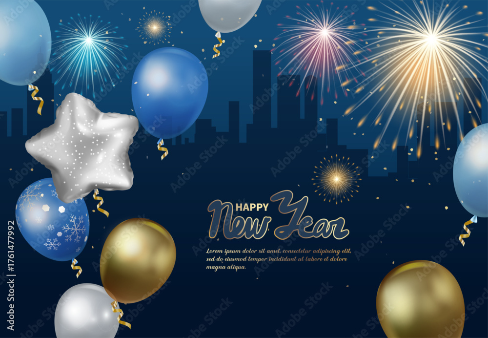 Naklejka premium Winter Night New Year Party with Fireworks