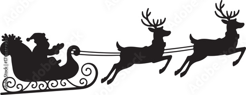 Christmas santa claus's flying sleigh with reindeer carrying presents illustration in black silhouette isolated on transparent background