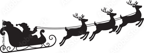 Christmas santa claus's flying sleigh with reindeer carrying presents illustration in black silhouette isolated on transparent background