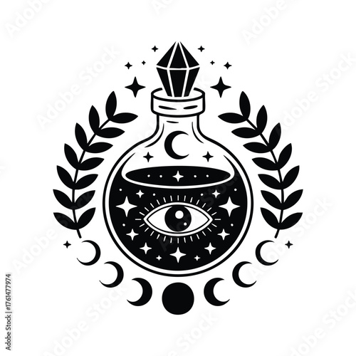 Occult Magic Potion Bottle with All-Seeing Eye and Moon Phases, Mystic Potion in Laurels Black and White Graphic, Esoteric Elixir Bottle with Crystal Stopper, vector, illustration.
