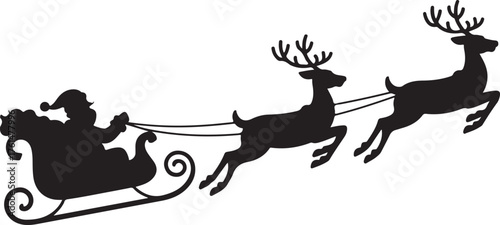 Christmas santa claus's flying sleigh with reindeer carrying presents illustration in black silhouette isolated on transparent background