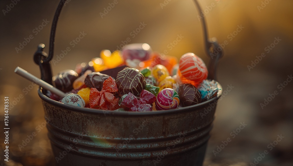 Naklejka premium Metal bucket holding wrapped candies, round lollipops and candy stick on garden soil, glowing ligh