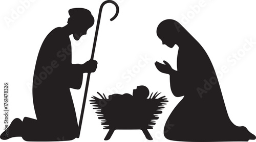 Christmas scene, Christianity birth of baby Jesus. Mary and Joseph, manger holiday silhouette. Vector illustration icon