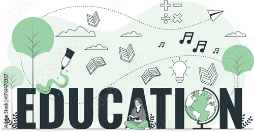 Education concept with large letters, books, globe, lightbulb, and musical notes Keywords: education, learning, knowledge, school, university, study, books, reading, globe, world, lightbulb, idea